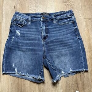 Judy Blue Los Angeles High Waist Frayed  Denim Shorts Womens Size L 6" Inseam